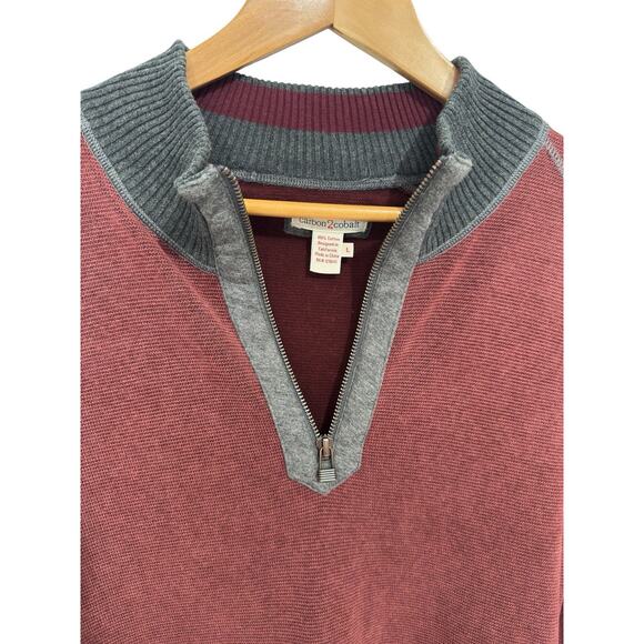 Carbon 2 Cobalt Mens L Burgundy Gray Trim Cotton 1/4 Zip Pullover Sweater Fall - Picture 3 of 7